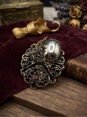 Vintage Gold Tone Filigree Brooch with Silver Tone Dome & Purple Accent